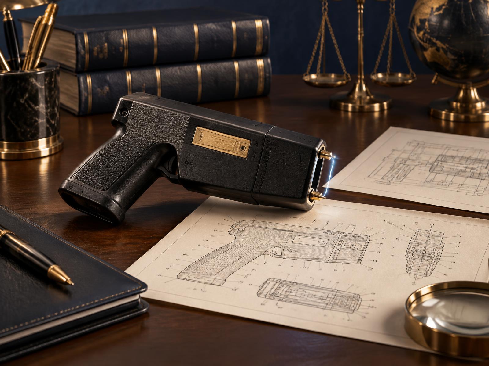 Early TASER-style device displayed with patent drawings